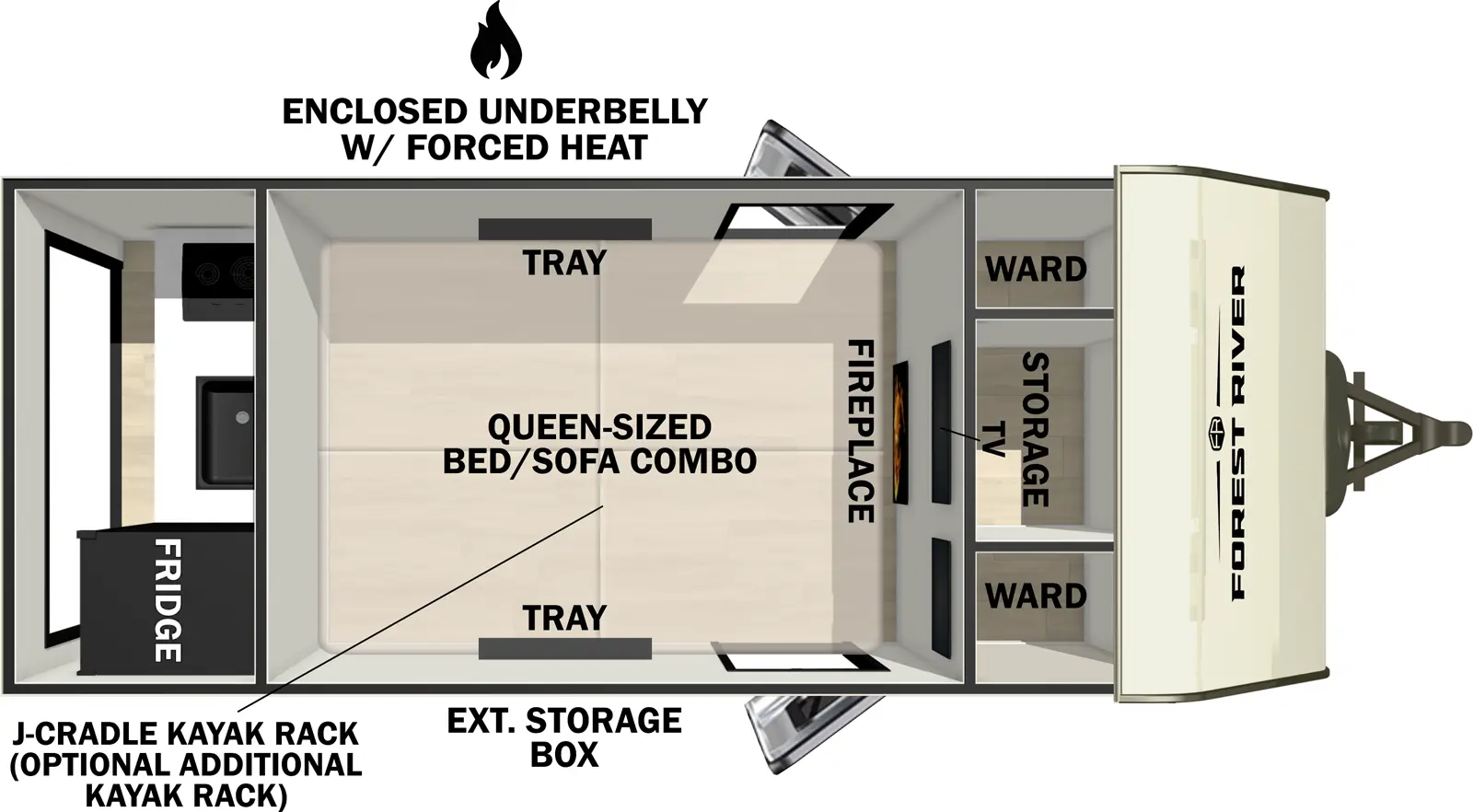 The No Boundaries NB10.7 floorplan has two entries and zero slide outs. Exterior features include: fiberglass exterior, 270 Degree awning and outside kitchen. 